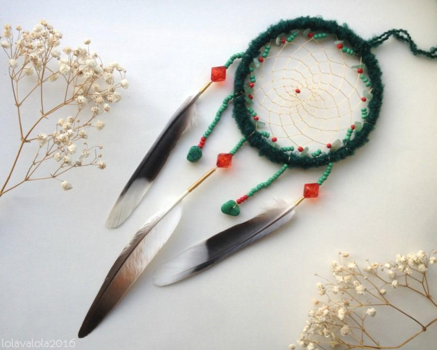 زفاف - Green dreamcatcher witch red green beads and beautiful feathers