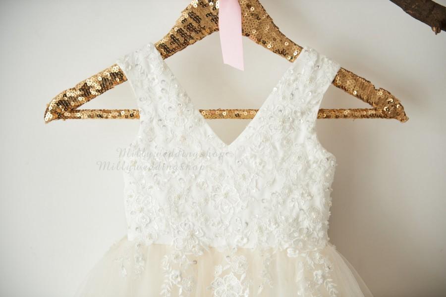Mariage - V Back Ivory Beaded Lace Champagne Tulle Flower Girl Dress Wedding Junior Bridesmaid Dress M0060