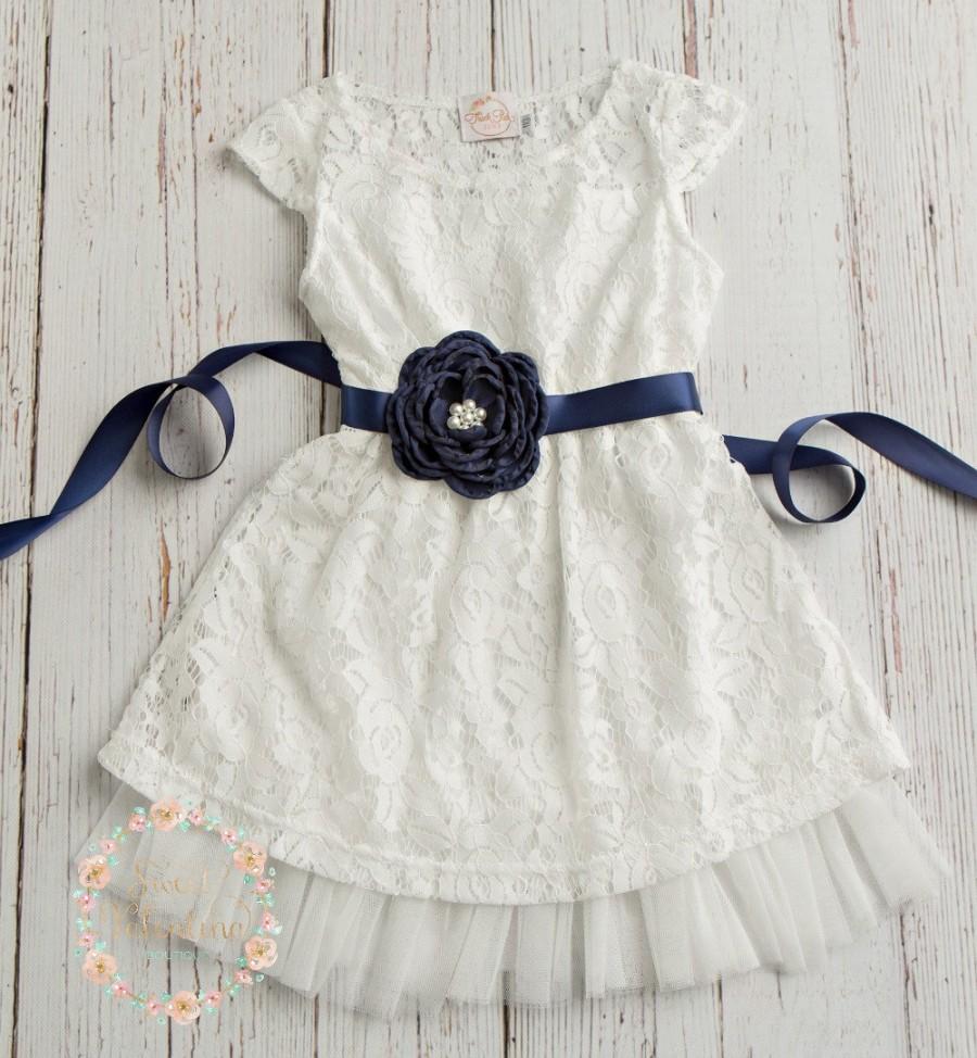 Mariage - Navy Blue Flower girl dress, rustic flower girl dress, country flower girl dress, Off White lace , easter dress,Beach wedding flower girl