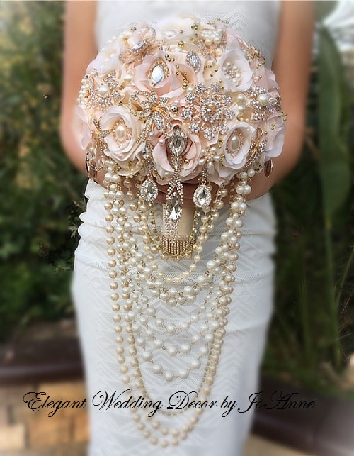 Wedding - Gold Brooch Bouquet Rose Gold Brooch Bouquet, Custom Pink and Gold Cascading Pearl Bouquet ,Vintage Rose gold and Pearl Bouquet-DEPOSIT