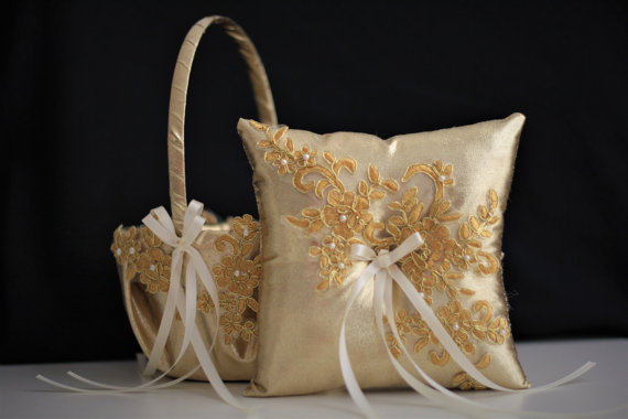 Wedding - Gold Wedding Bearer Pillow   Gold Flower Girl Basket  Lace Gold Wedding Basket  Gold Lace bearer pillow  Lace wedding basket pillow set