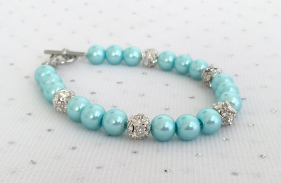 Mariage - Aqua Blue Rhinestone Pearl Bracelet, Aqua Blue Wedding Jewelry, Light Blue Bracelet, Bridesmaid Gift, Light Blue Beaded Jewelry