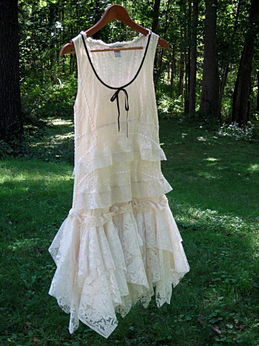 زفاف - SM Cream Off White Ivory drop waist Flapper tattered wedding dress, boho bohemian hippie gypsy bride, US size 6-8, small, Lily Whitepad