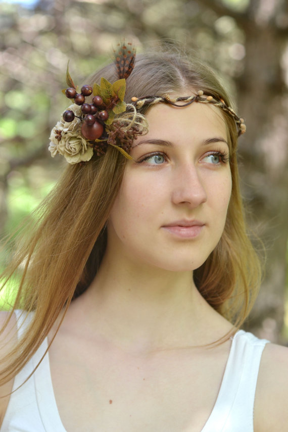 Wedding - Brown Flower crown Burlap head wreath Boho hair accessory acorn crown Woodland wedding halo Boho bridal crown Forest Head piece Feather