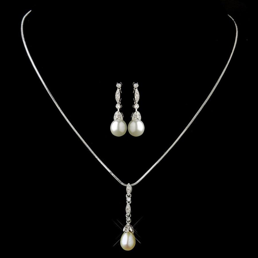 Wedding - pearl bridal jewellery set pearl bridal 1920s wedding jewellery set pendant necklace earrings vintage style bridal necklace