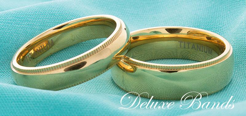 Wedding - Gold Titanium Wedding Ring Set Couple Ring Domed 5mm 7mm Titanium Anniversary Ring Titanium Gold Matching Bands Traditional Wedding Bands