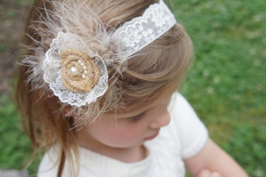 Mariage - Natural Tan Burlap, Ivory  Lace , Flower Girl , Lace Headband, burlap/lace/feather, rustic head wear