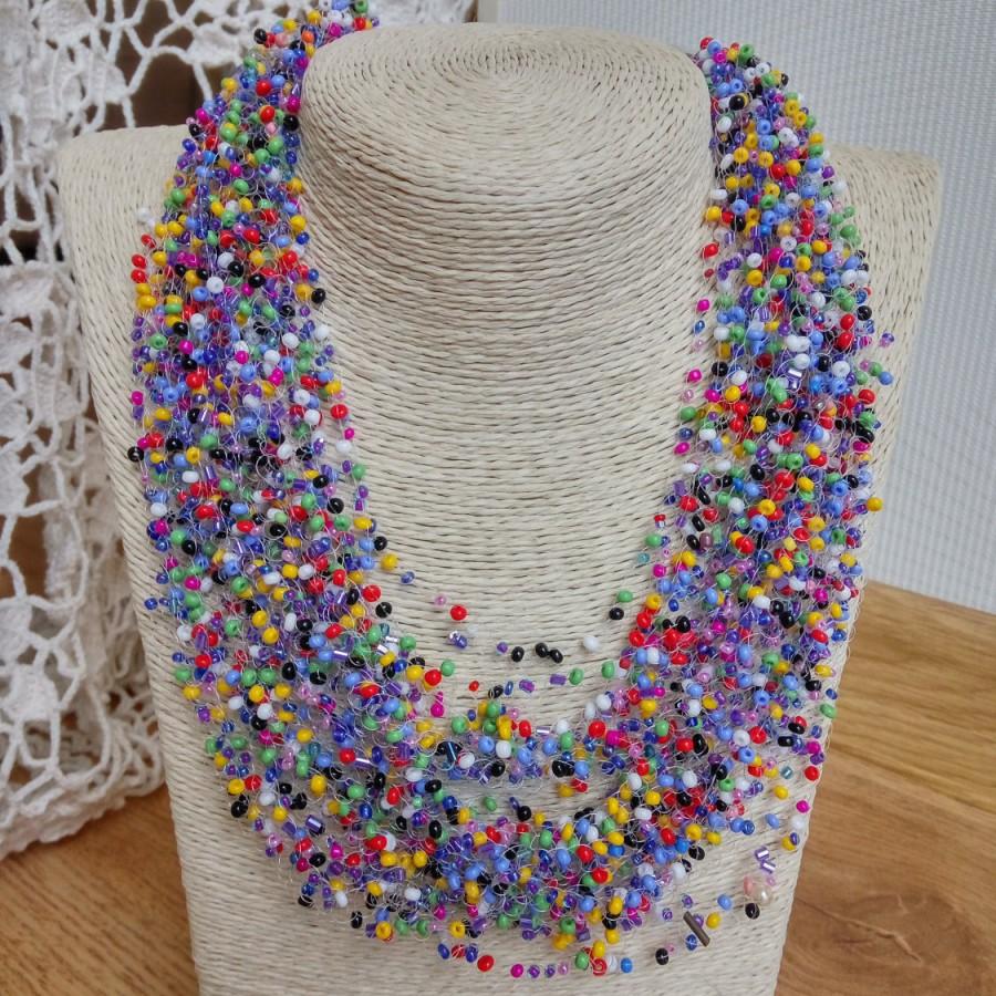 زفاف - Multicolor colorful airy necklace cobweb crocheted beadwork multistrand statement casual gentle unusual gift for her all colors overseason