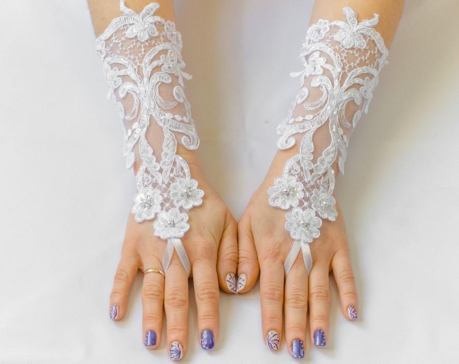 زفاف - Lace gloves, white wedding gloves, bridal gloves, evening gloves, prom gloves 8.5"