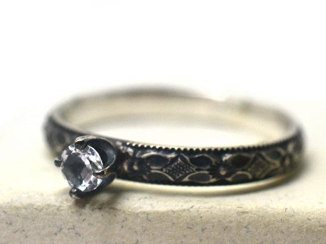 Wedding - Gothic White Topaz Ring, Diamond Substitute, Oxidized Silver Victorian Style Poesy Floral Band, Natural White Crystal Engagement Ring