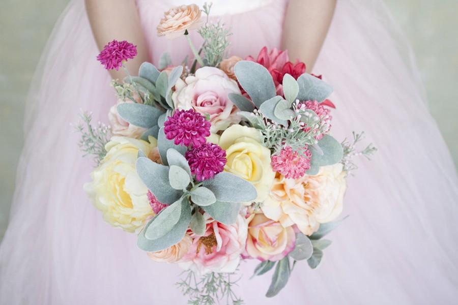 Свадьба - Pink Peach Yellow  Wedding Bouquet Wedding Flowers Garden Bouquet Spring Bouquet Summer Wedding Flowers