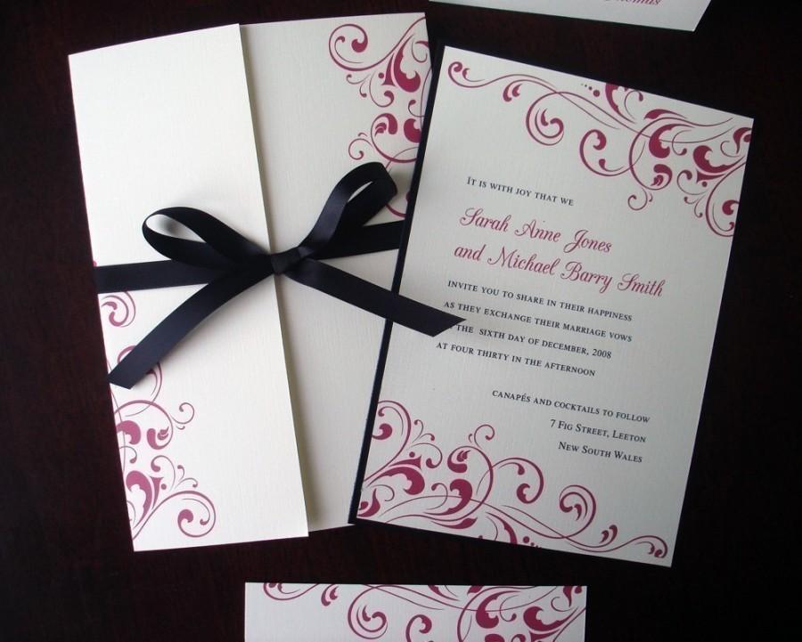 Hochzeit - Black Tie Formal Wedding Invitation, Cream Fuchsia Flourish Gatefold Elegant wedding Invitations, Romantic, Ribbon bow bat mitzvah invite