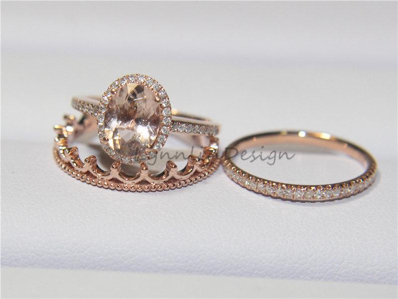 زفاف - 14K Rose Gold Morganite Wedding Ring VS 6x8mm Morganite Engagement Ring Halo Diamond Ring Diamond Wedding Band Unique Anniversary Band