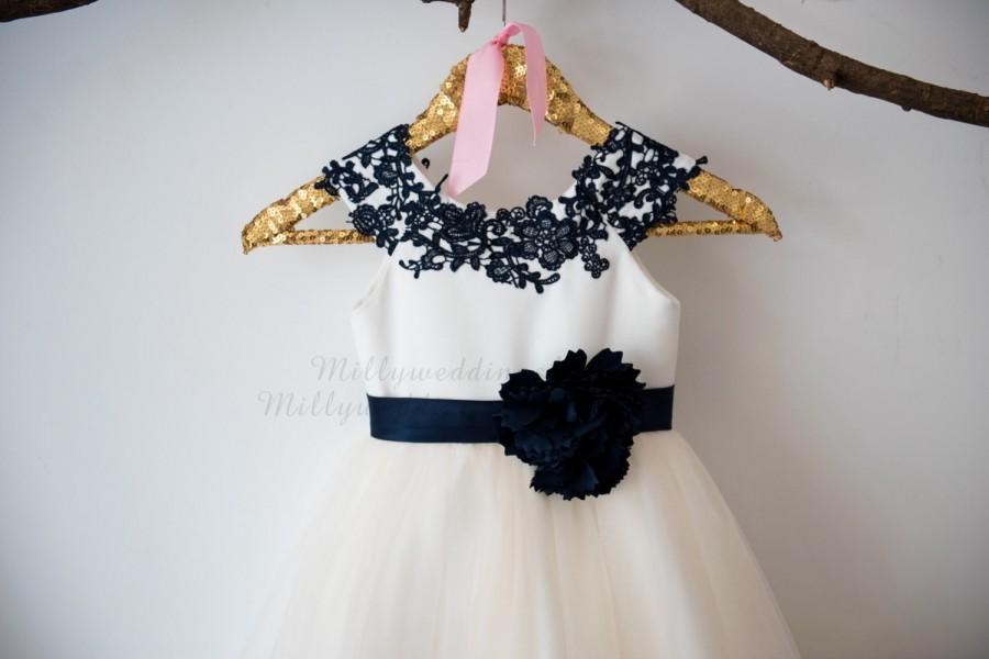 Mariage - Cap Sleeves Navy Blue Lace Champagne  Tulle Flower Girl Dress Wedding Bridesmaid Dress M0038