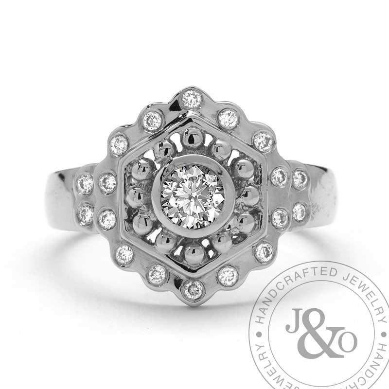 Hochzeit - Vintage Diamond Engagement Ring Artisan Halo 1950s Engagement ring