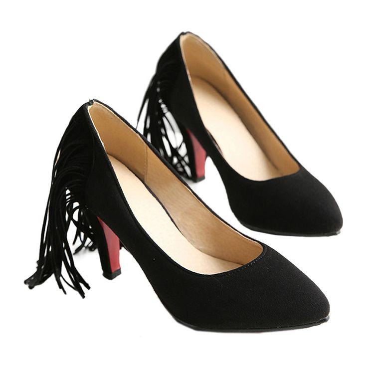 Hochzeit - Tassel High Heel Women Thin Shoes Fluff Low-cut Wedding Shoes Plus Size Black 35