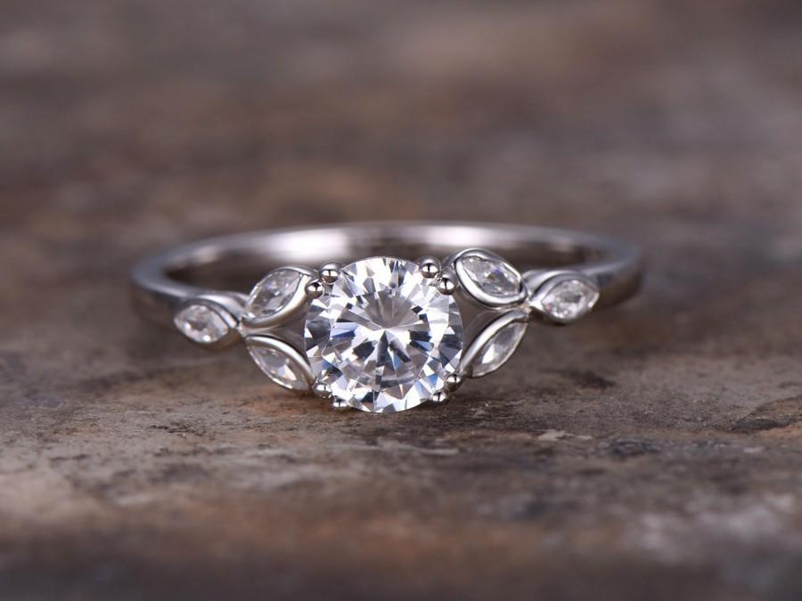 زفاف - 6.5mm Round Cut 1ct Engagement ring,925 sterling silver stacking wedding band,CZ Bridal ring,Retro vintage,marquise bezel,white gold plated