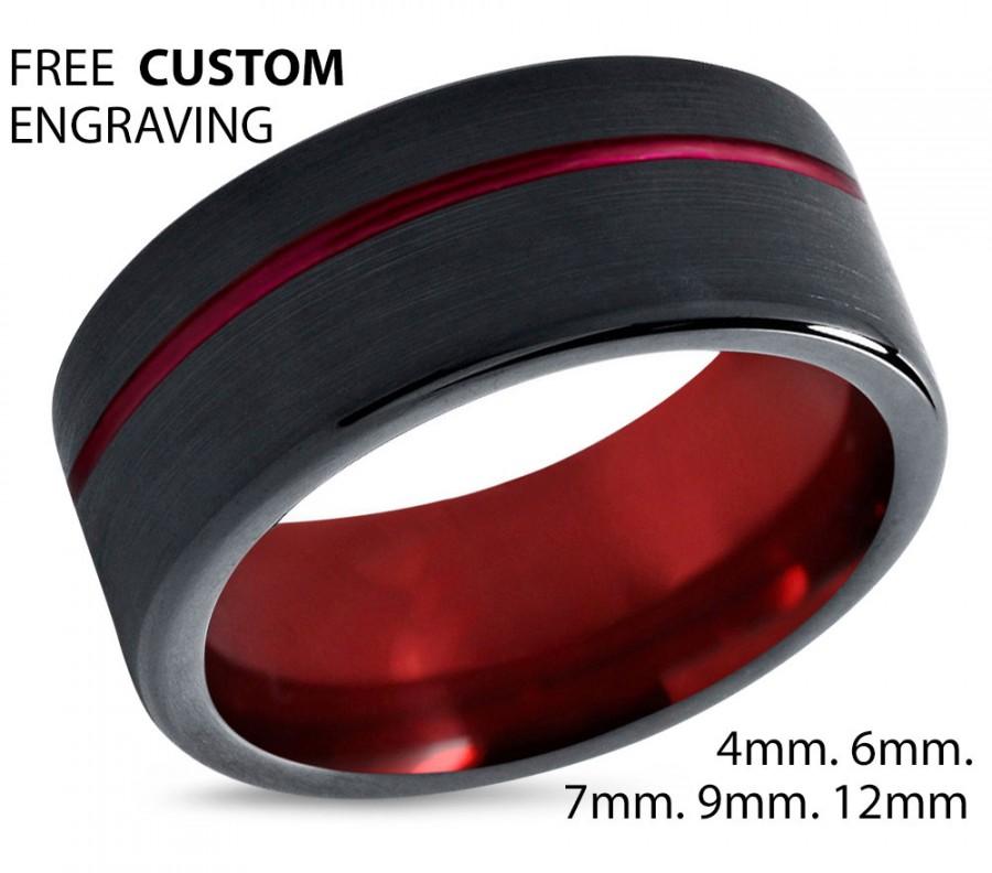 زفاف - Tungsten Ring Mens Red Black Wedding Band Tungsten Ring Tungsten Carbide 9mm Tungsten Man Wedding Male Women Anniversary Matching