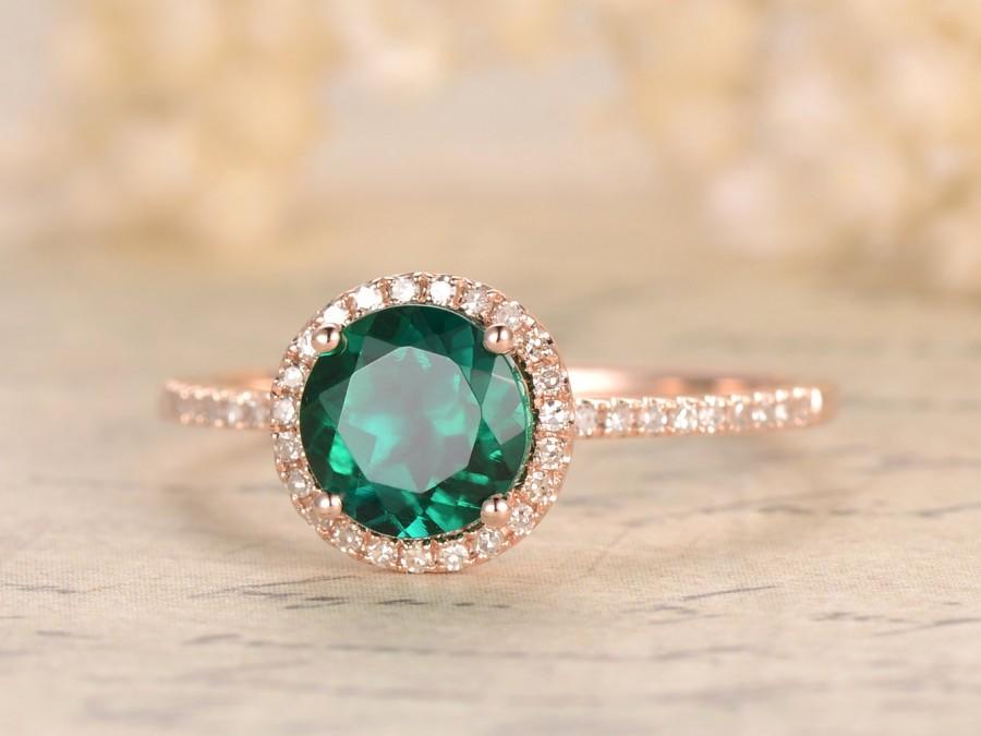 Wedding - Emerald Engagement Ring Round Cut Ring 14K Rose Gold Emerald Ring May Birthstone Ring Emerald Diamond Halo Ring