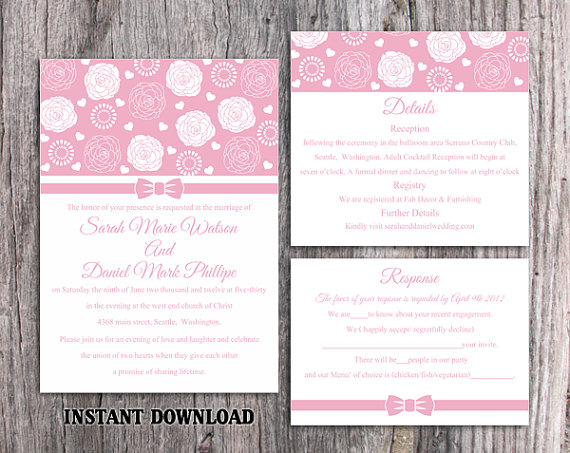 Hochzeit - DIY Wedding Invitation Template Set Editable Word File Instant Download Printable Pink Wedding Invitation Floral Rose Wedding Invitation