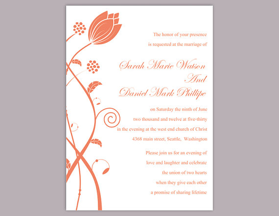 Mariage - DIY Wedding Invitation Template Editable Word File Instant Download Elegant Printable Invitation Orange Wedding Invitation Flower Invitation