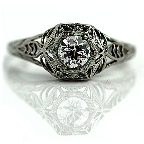 Hochzeit - Antique Engagement Ring Art Deco Ring Solitaire .45ctw European Cut 18K White Gold Antique Wedding Ring Vintage Promise Ring 1930s Size 5.75