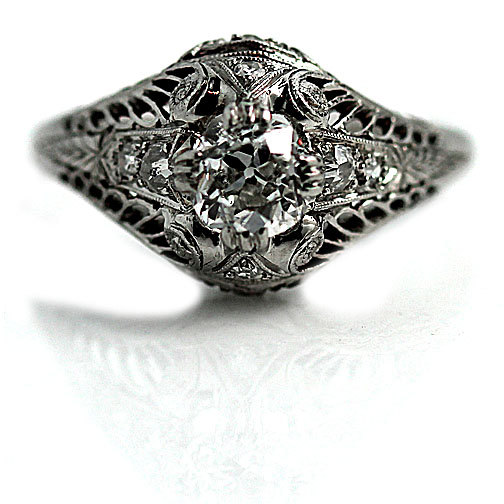 Hochzeit - Vintage Engagement Ring .75ctw European Cut Diamond Engagement Ring Platinum Filigree Ring Vintage Diamond Wedding Ring Size 8!
