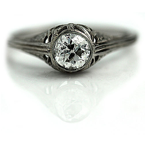 Wedding - Antique Diamond Ring .70ctw Bezel Set Old European Cut Diamond Art Deco Wedding Ring 18Kt White Gold Engagement Ring Size 7!