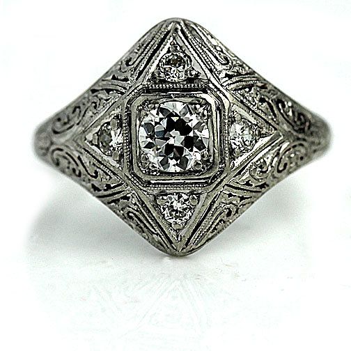 Wedding - Antique Edwardian Diamond Ring .55ctw 18K White Gold Dinner Ring 1920s Art Deco Filigree Ring Vintage Edwardian Diamond Ring Size 6!