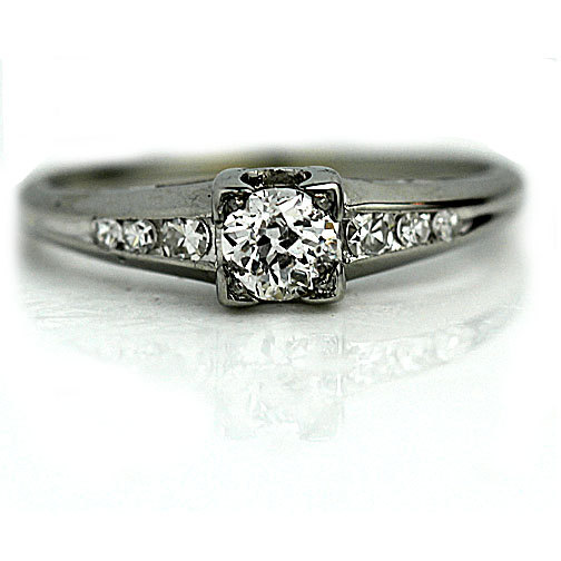 Hochzeit - Art Deco Engagement Ring Petite Engagement Ring Antique .35ct Old European Cut Diamond in 18 Kt White Gold Size 5.5!