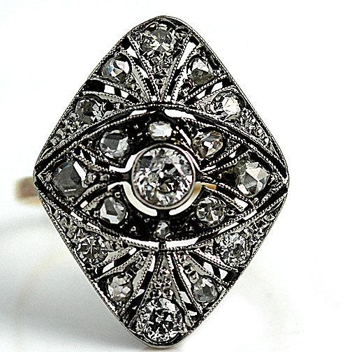 Hochzeit - Edwardian Engagement Ring Antique .54ctw Diamond Ring European Cut Rose Cut Diamond Ring Platinum 18k Yellow Gold Filigree Ring Size 7!