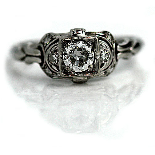 Wedding - Antique Engagement Ring .55ctw Diamond Engagement Ring 18 Kt White Gold Antique Diamond Filigree Ring Vintage Deco Engagement Ring