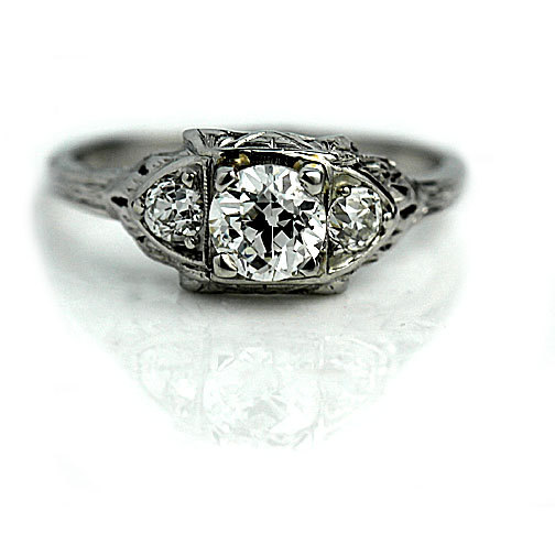 Hochzeit - Vintage Engagement Ring 1.15ctw GIA Diamond Engagement Ring 18K White Gold Filigree Ring Vintage Diamond Wedding Ring Size 5!