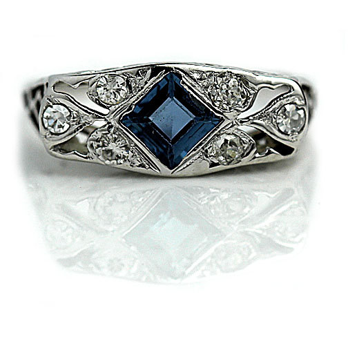 Wedding - Sapphire Engagement Ring .75 ctw Art Deco Sapphire Diamond Ring Antique Sapphire Engagement Ring September Birthday Size 4.5!
