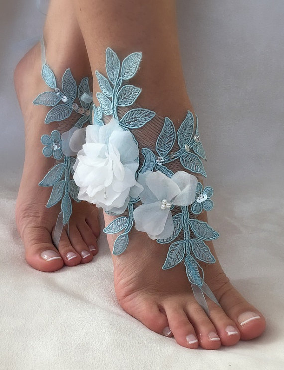 Mariage - FREE SHIP Blue lace barefoot sandals, ivory 3D flowers beach wedding barefoot sandals, belly dance, wedding shoe, bridesmaid gift,