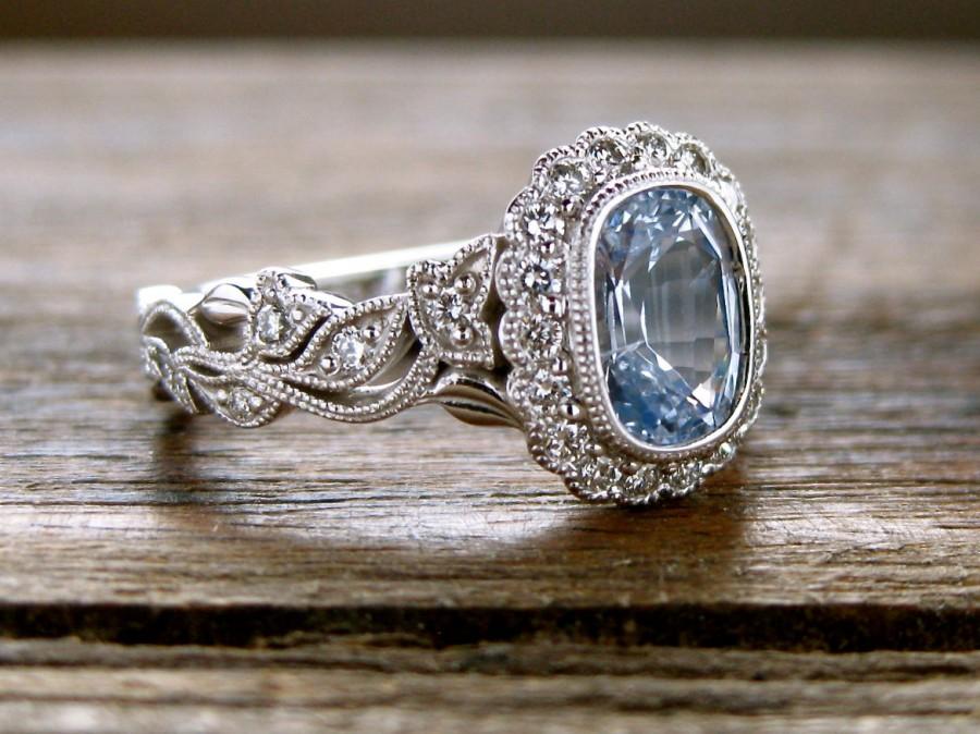 زفاف - Blue Sapphire Engagement Ring in 14K White Gold with Diamonds in Flower Blossoms and Leafs on Vine Size 7
