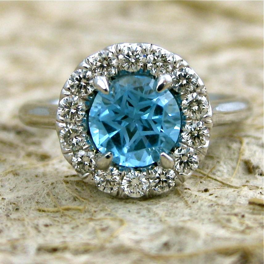 Wedding - Teal Blue Topaz and Diamond Engagement Ring in 14K White Gold Size 7