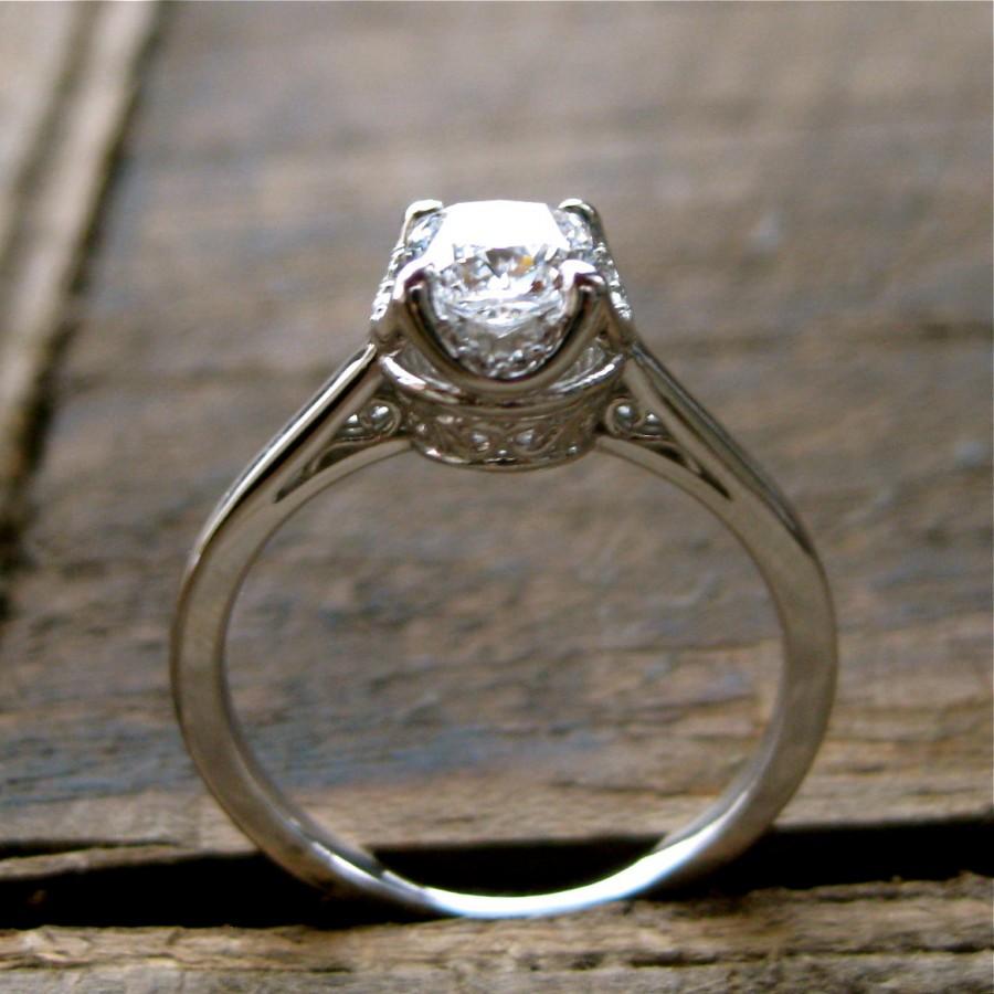 Свадьба - GIA Certified Diamond Engagement Ring in 14K White Gold with Diamonds in Scalloped Halo & Scrolls on Basket Size 6