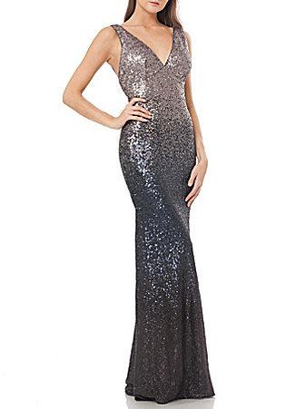 Wedding - Carmen Marc Valvo Infusion Ombre Sleeveless V-Neck Sequin Gown