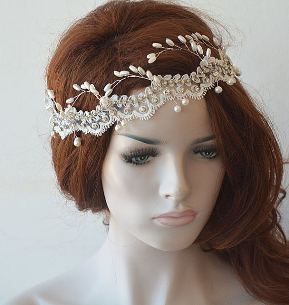 زفاف - Wedding Headband, Ivory Lace and Pearl Headpiece, Pearl Bridal Headpiece, Wedding Hair accessory, Bridal Hair Jewelry