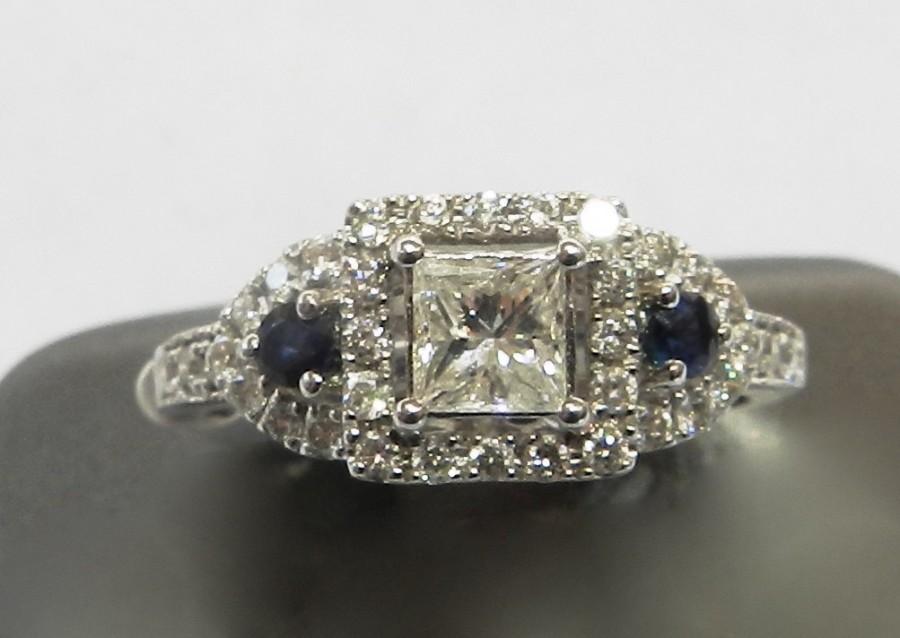 Свадьба - Engagement Ring Princess Cut Diamond Ring Blue Sapphire .45 Carat Diamond Three Stone Ring Princess Cut Engagement Ring Diamond Ring 14K
