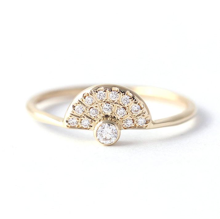 زفاف - Engagement Ring with Pave Diamonds - Dainty Engagement Ring - 14k Solid Gold