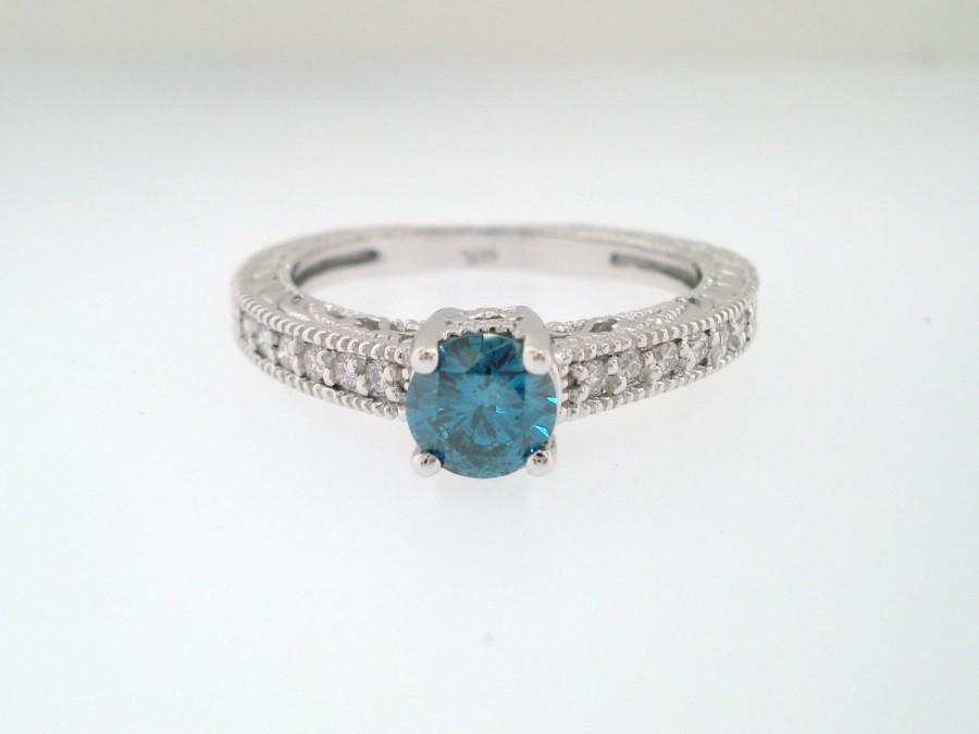 زفاف - Blue Diamond Engagement Ring 0.60 Carat 14K White Gold Vintage Antique Style Handmade Bridal