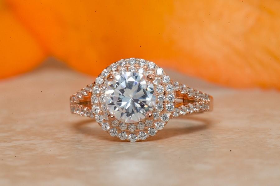 Wedding - Round Halo Ring, Wedding Ring, Engagement Ring, Bridal Ring, Split Shank, Rose Gold Plated, Diamond Simulants, Sterling Silver