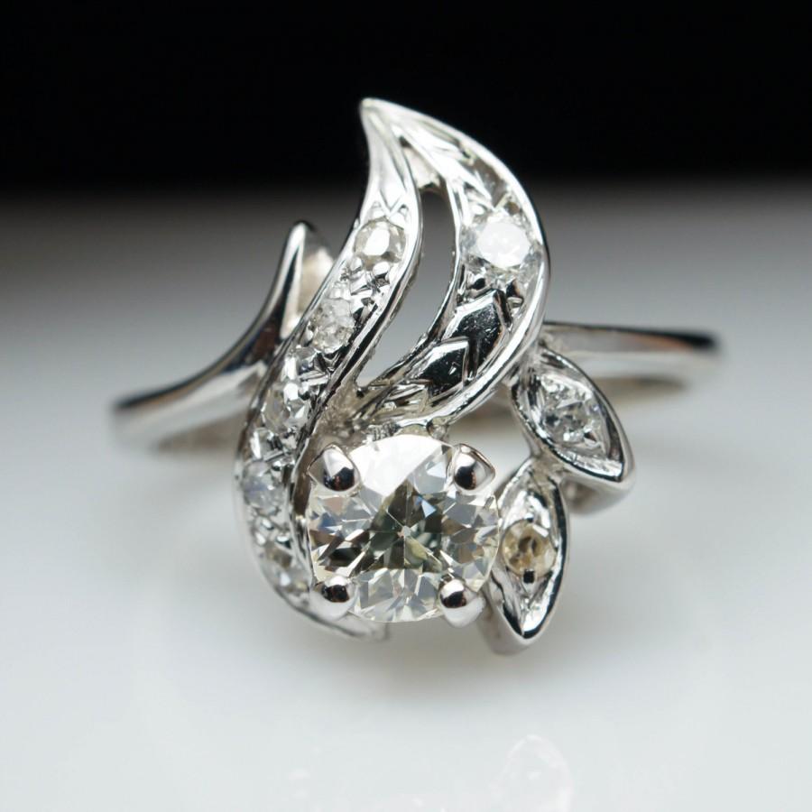 Mariage - Vintage Art Deco Old European Cut Diamond Engagement Ring Flower Flame Shape Clove Flower Engagement Ring