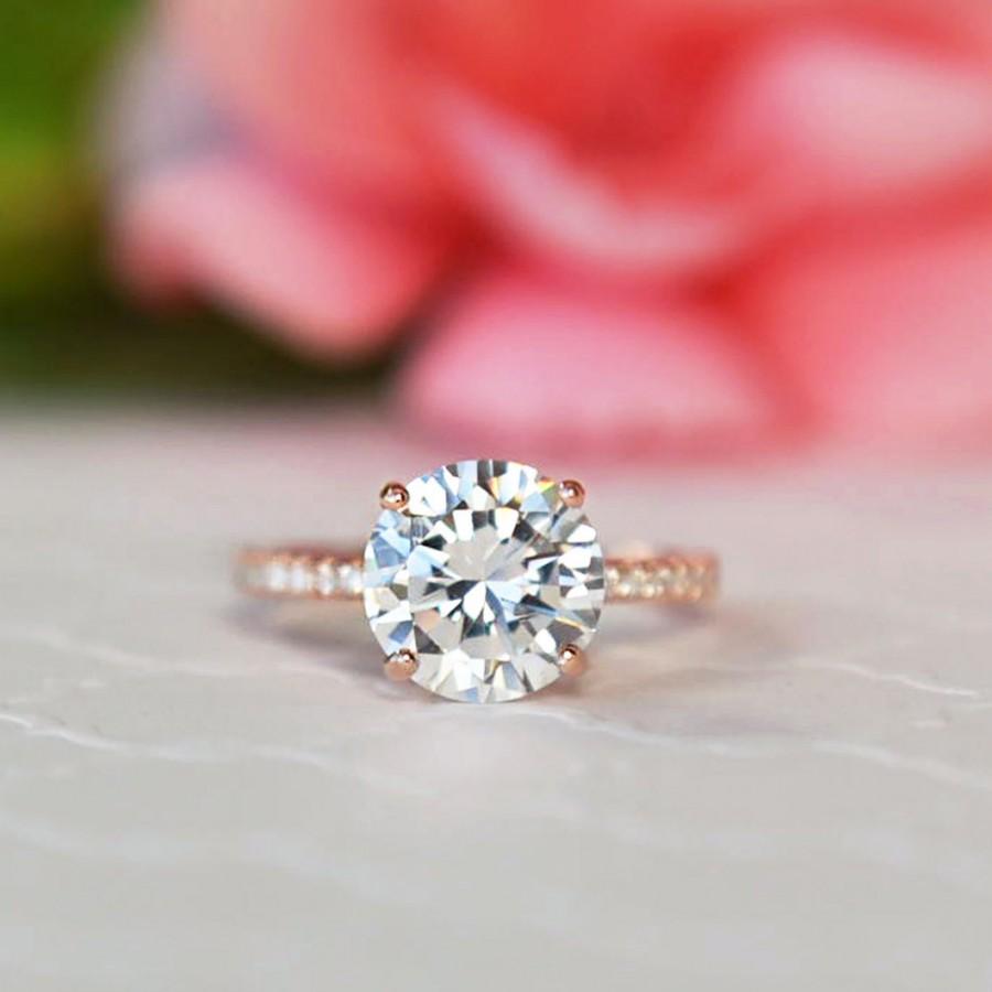 Mariage - 3.25 ctw Round Accented Solitaire Ring, Engagement Ring, Half Eternity Ring, Man Made Diamond Simulants, Sterling Silver, Rose Gold Plated