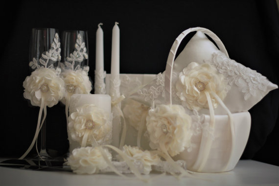 زفاف - Ring Bearer Pillow & Flower Girl Wedding Basket with Ivory Lace   Ivory Guest Book   Unity Candles and Champagne Glasses   Cake Serving Set