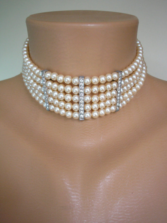 Hochzeit - Pearl And Rhinestone Choker, Great Gatsby Jewelry, Pearl Necklace, CAROLEE, Bridal Statement, Vintage Bridal, Diamante, Bridal Necklace