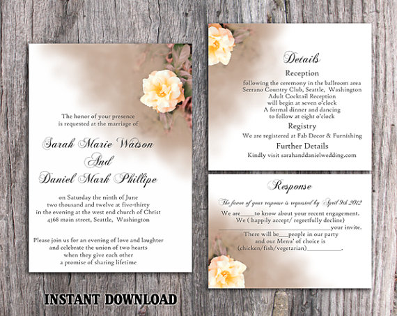 Wedding - DIY Wedding Invitation Template Set Editable Word File Instant Download Printable Floral Invitation Rose Wedding Invitation Peach Invitation