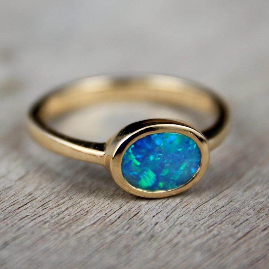 Wedding - Black Opal Engagement Ring 14K Solid Gold  East to West Solitaire SKU: 7x5-E-W